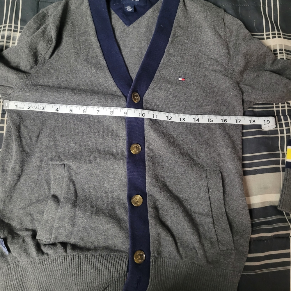 Gray Cardigan with Navy Trim and Yellow Stripes - Picture 10 of 12
